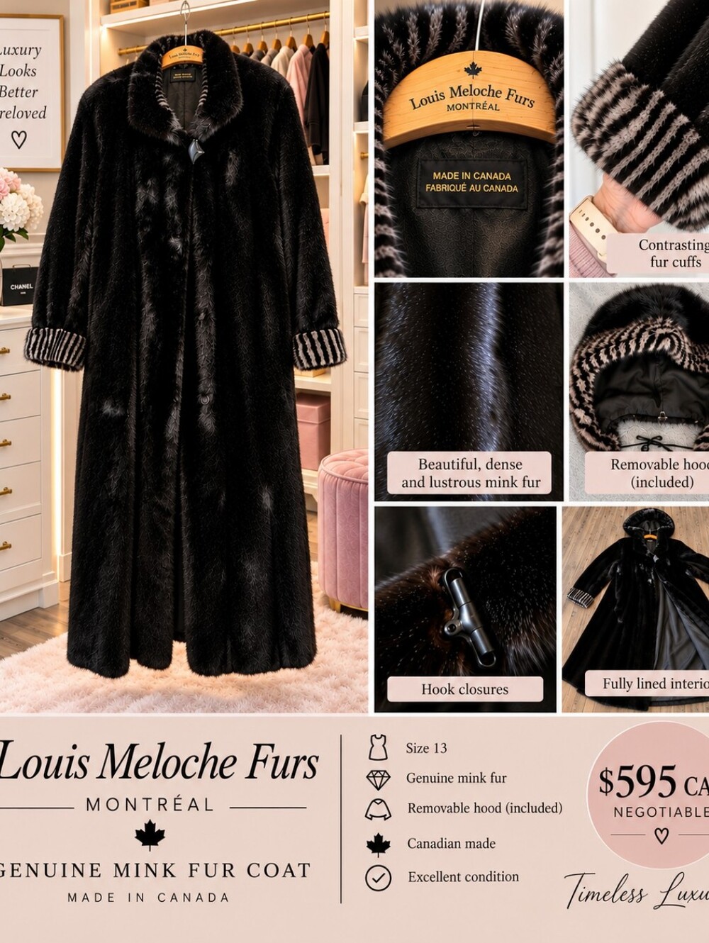 Women’s Black Mink Fur Long Coat with Striped Cuff Detail